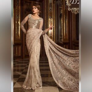 Maria B Elegant Beige Embellished Gown brand new still in packaging size small